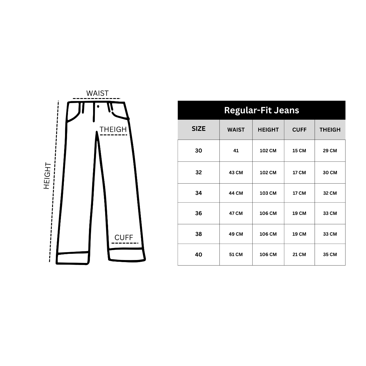 Size Chart Denim Jeans